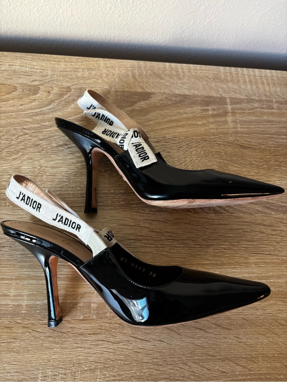 Dior Black Patent Pointed Slingback Pump with White J'Adior Straps - Picture 6 of 8